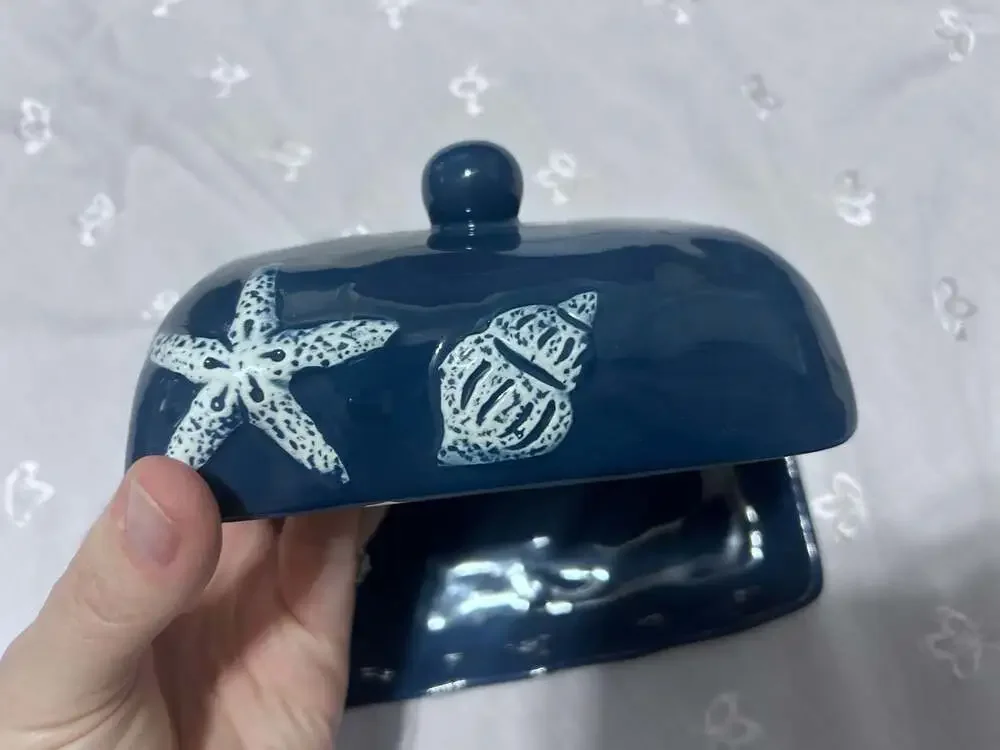 Navy Coastal Ceramic Butter Dish Seashell Starfish Embossed Detail